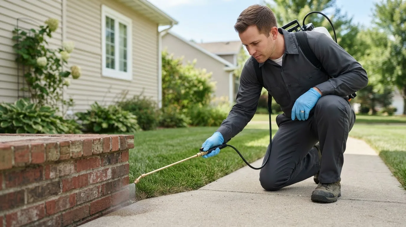 Pest control technician treating a home near New Baden, IL